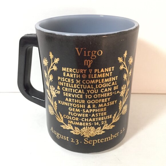 VTG Federal Milk Glass Mug Zodiac Sign Virgo  The Virgin Black Gold Coffee Cup - Picture 3 of 6